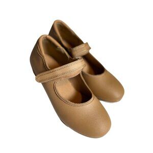 Tan Leatherette Girls Tap Shoes With Elastic Strap & Metal Sole Plates Size 1A